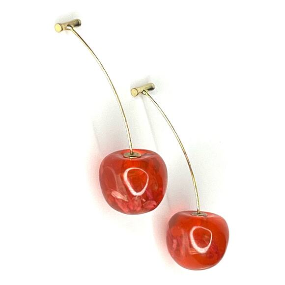 VTG Cherry Threader EARRINGS 2.25" Dangle Drop Red Flower Petal Acrylic Cherries - Picture 5 of 5
